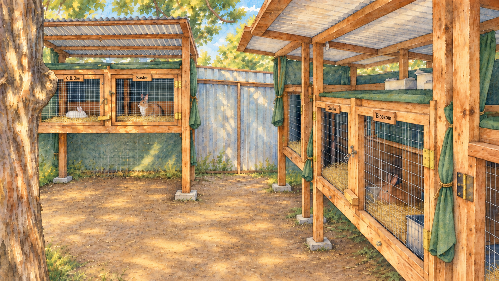 Watercolor painting of the rabbitry: wooden hutches with nameplates around a dappled dirt courtyard, shaded by a big cedar.